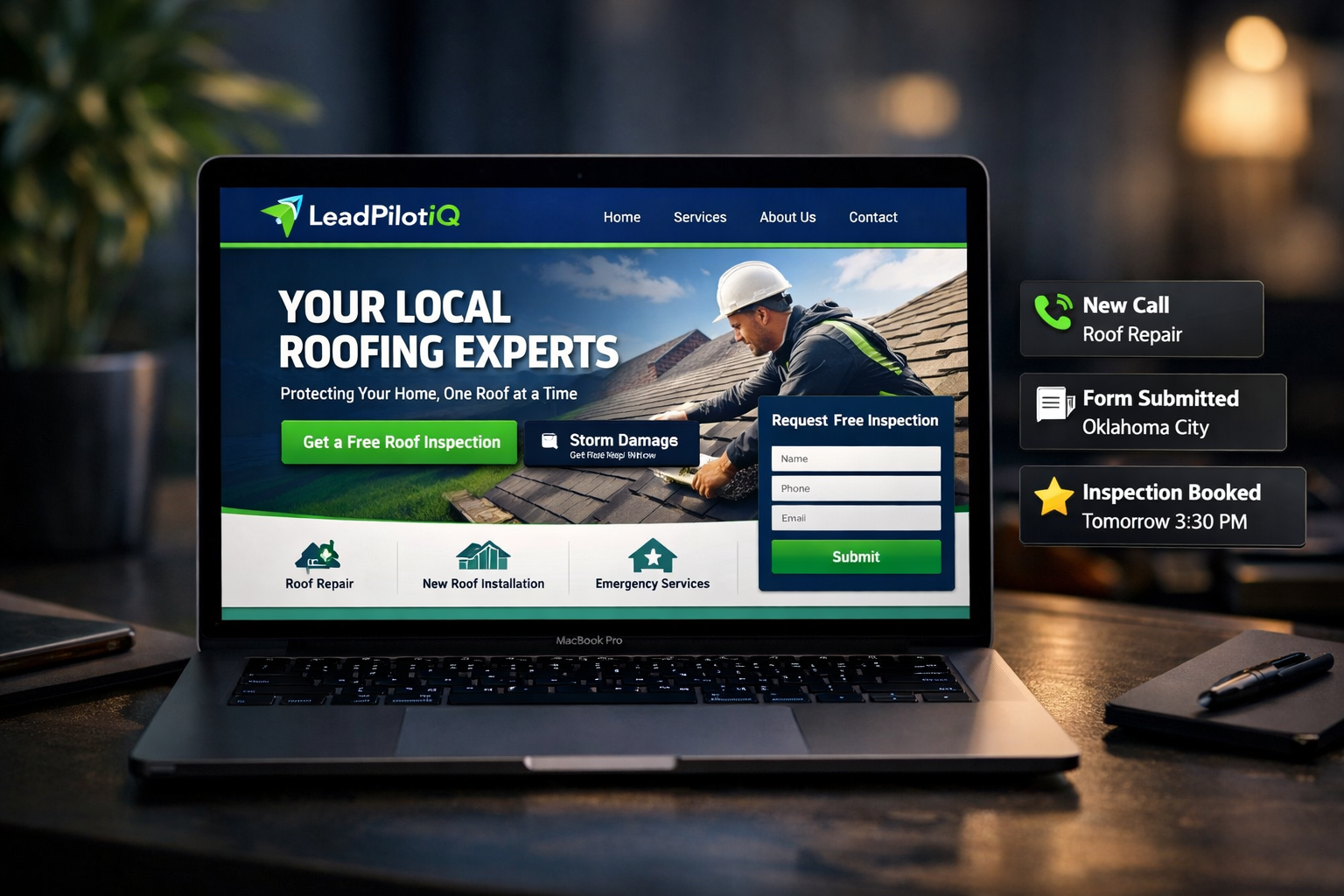 LeadPilotIQ roofing website on laptop