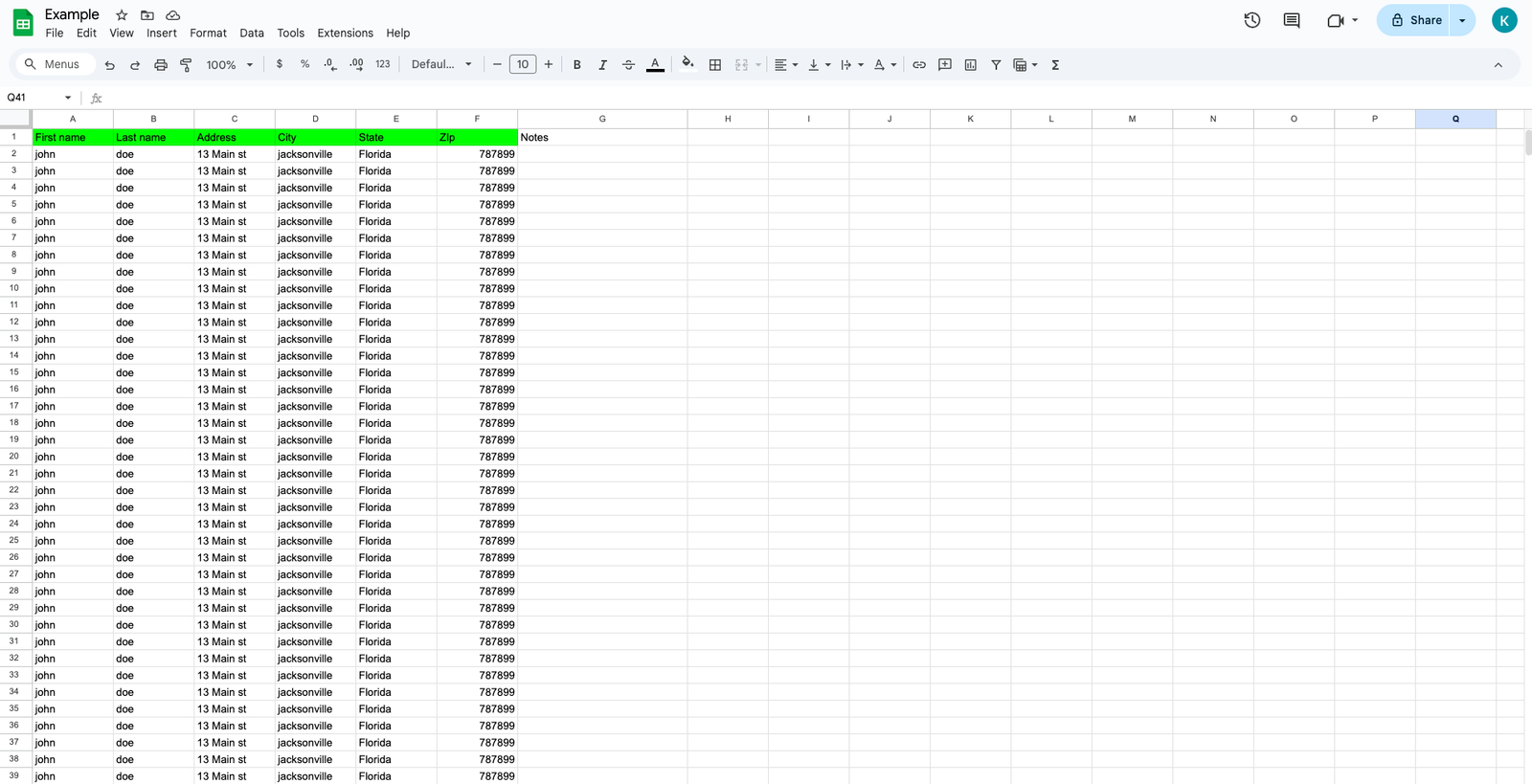 Example of cleaned roofing list in Google Sheets